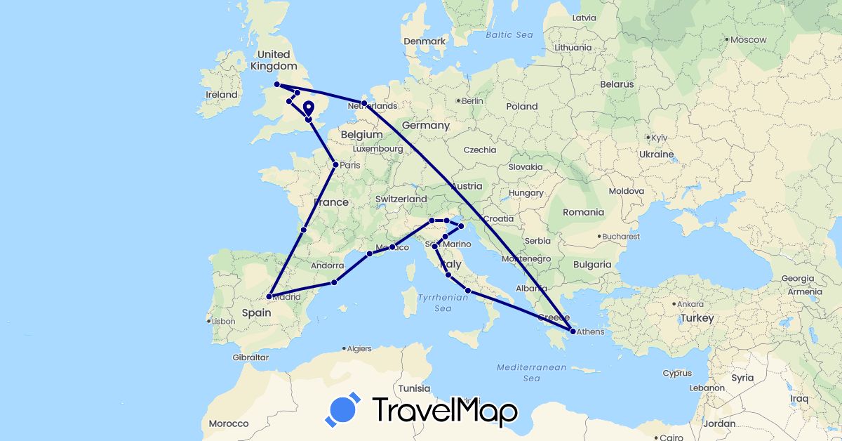 TravelMap itinerary: driving in Spain, France, United Kingdom, Greece, Croatia, Italy, Monaco, Netherlands (Europe)